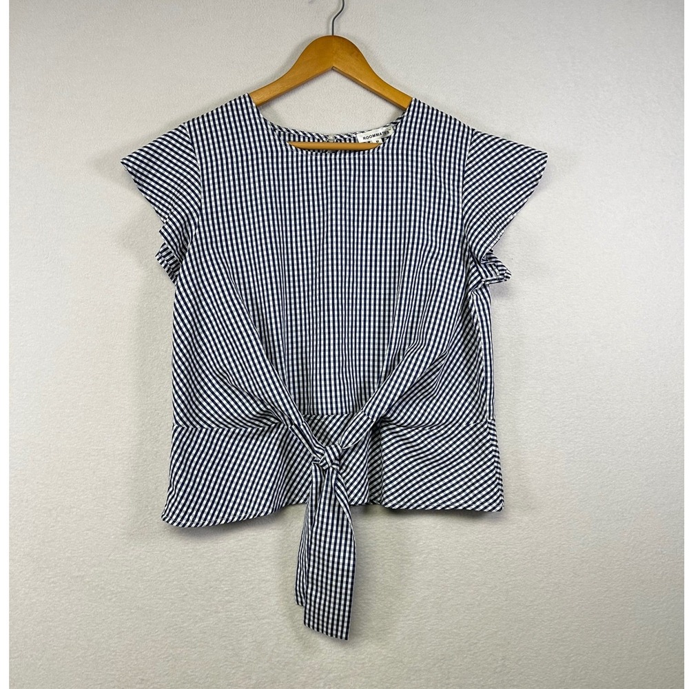 Roommates Navy‎ White Gingham Tie Front Flutter Sleeve Top Women's Medium